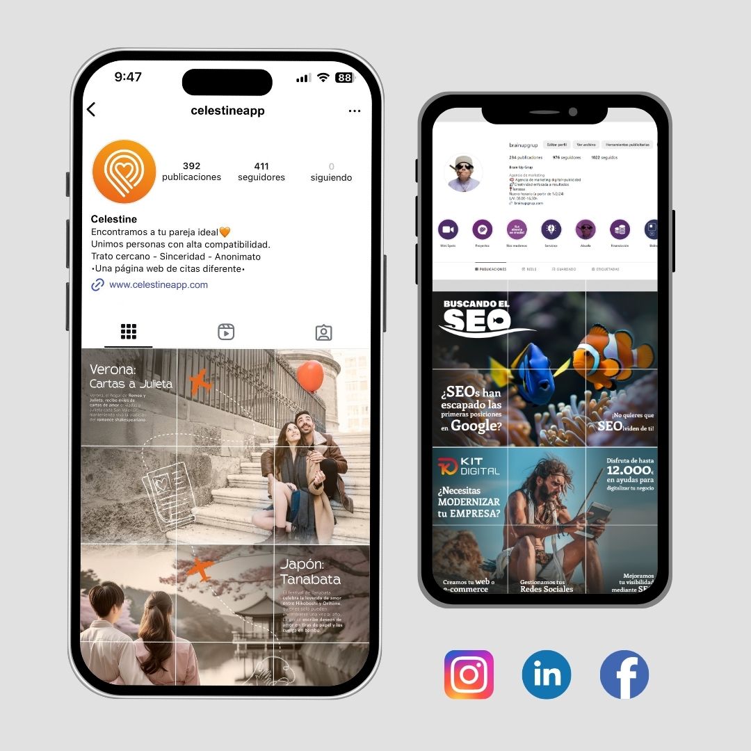 diseño, gestión de redes sociales y copy creativo, por Rubén Romo Design para Brain Up Grup